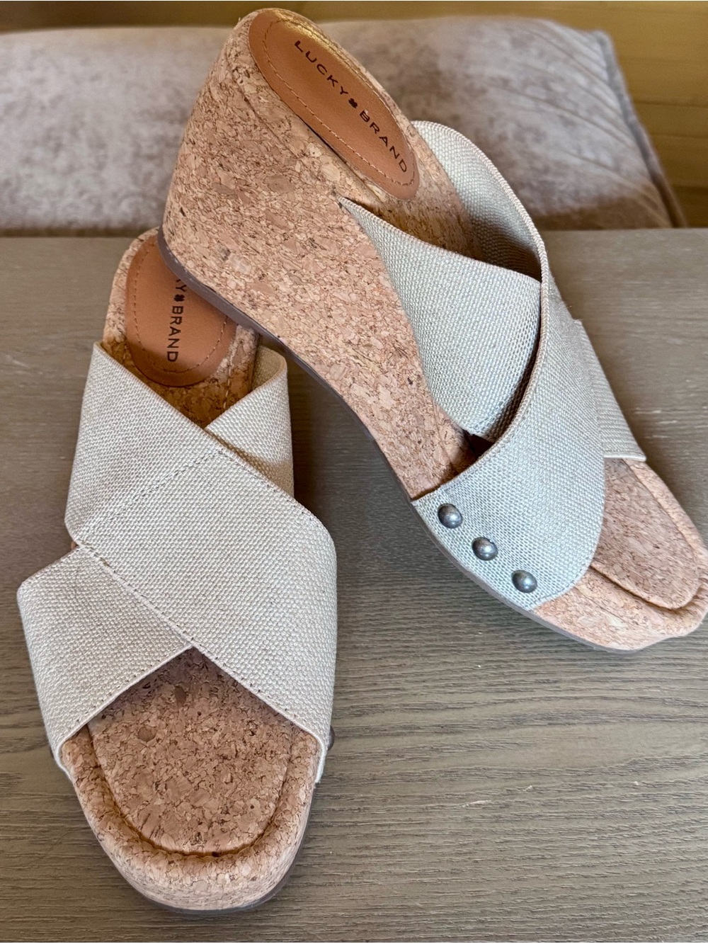 Lucky Brand Beige Canvas Cork Wedge Slide Sandals NWOT (no box)